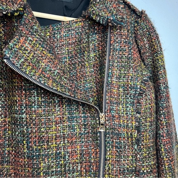 Tahari Women's Sz 8 Twill Knit Frayed Edge Zip Up Blazer Jacket Multicolor Moto - Picture 4 of 16